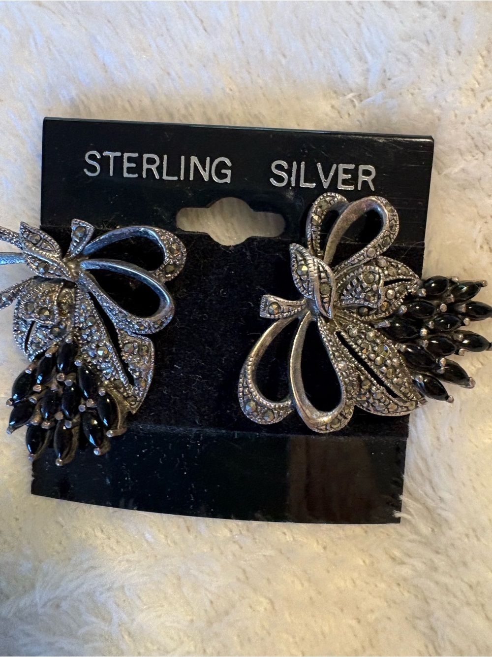 Sterling Silver marcasite Floral Bow Earrings with Black Marquise Stones